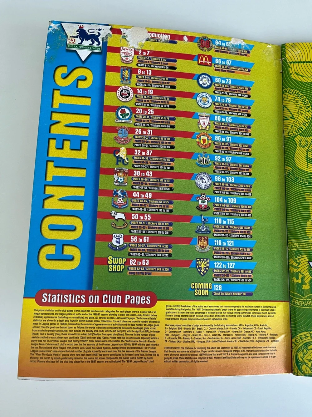 Merlin English Premier League 1998 Sticker Book #1 Soccer Football Topps Panini